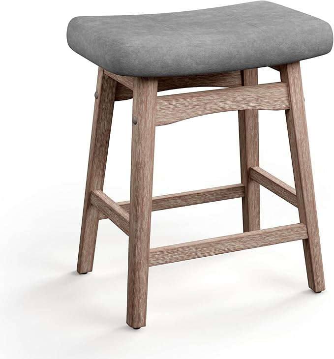 MAISON ARTS Counter Height Bar Stool for Kitchen Counter Solid Wood Legs with Fabric Saddle Seat Farmhouse Barstool for 34"-38" Counter Island Upholstered Stool, 24in, Grey Cushion,1pc