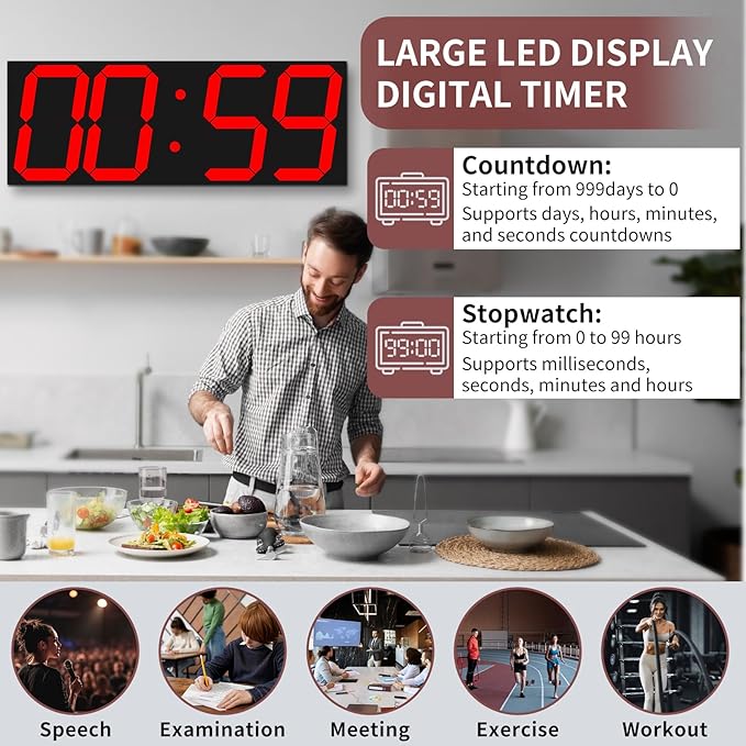 Large Digital Wall Clock,LED Digital Clock with Big Number,Multi-Function Remote Controlled Wall Clock with Timer, Alarm and Calendar Display(Red)