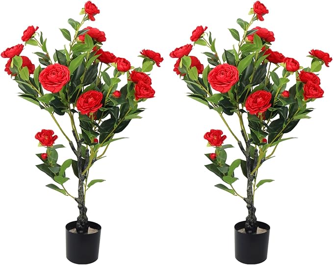 2 Pack Artificial Camellia Tree, 36" Red Faux Camellia Plant, Fake Indoor Outdoor Tree for Home, Office, Porch, Living Room, Red