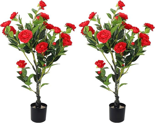 2 Pack Artificial Camellia Tree, 36" Red Faux Camellia Plant, Fake Indoor Outdoor Tree for Home, Office, Porch, Living Room, Red