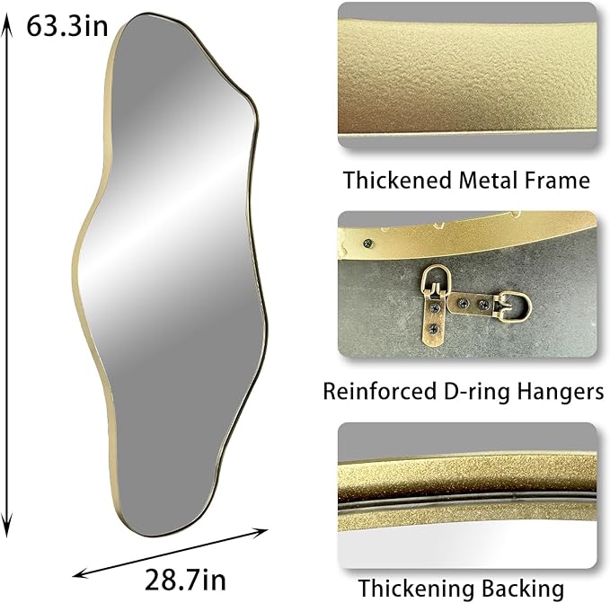 Irregular Mirror Full Length, 63.4"x29" Large Asymmetrical Mirror, Big Gold Floor Mirrors for Dressing, Modern Wavy Shaped Mirrors for Living Room Bathroom Bedroom Entryway
