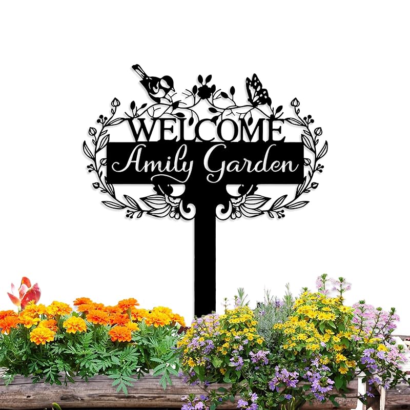 Custom Metal Garden Sign | Customized Butterfly Bird Garden Name Sign | Personalized Garden Signs | Metal Yard Sign Stakes | Personalized Metal Signs for Outdoors | Metal Signs Customized