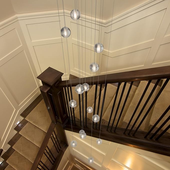 Gold 14 Lights Bubble Staircase Chandelier for High Ceiling, Dimmable Modern Crystal Raindrop Large Long Hanging Pendant Light for Stairwell Living Room Stair Foyer, Bulbs Included