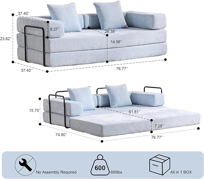Convertible Folding Mattress Couch, Floor Sofa Bed with Fixed-Shape Frame, Corduroy Floor Sofa with Armrest, Floor Sofa Lounge Couch for Living Room Bedroom Lounge Studio-Light Sky Blue