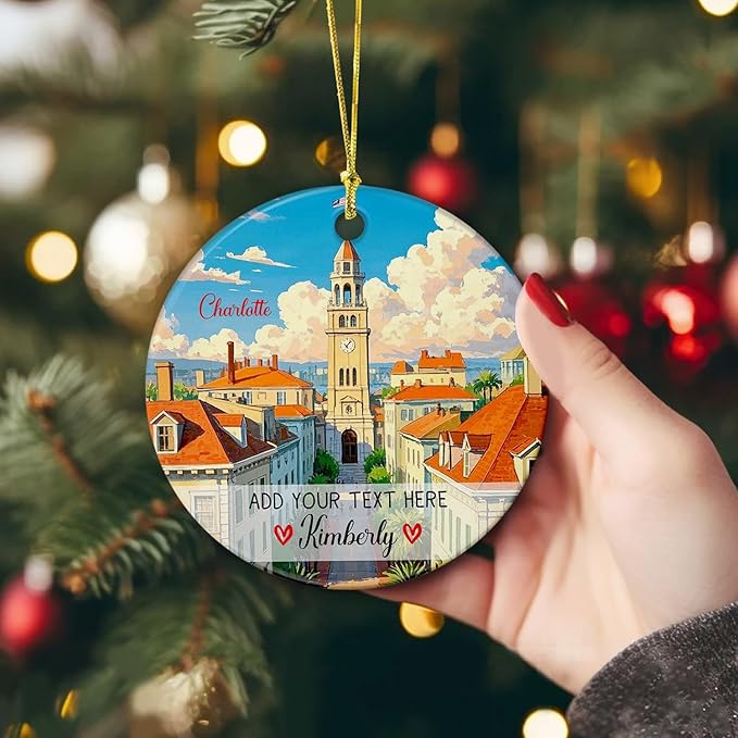 Personalized Text/Name Charlotte City Travel Souvenir Ceramic Christmas Ornament 2025, Charlotte Skyline Xmas Tree Ornaments, Custom Charlotte North Carolina USA Vacation Ornament Gifts for Friends