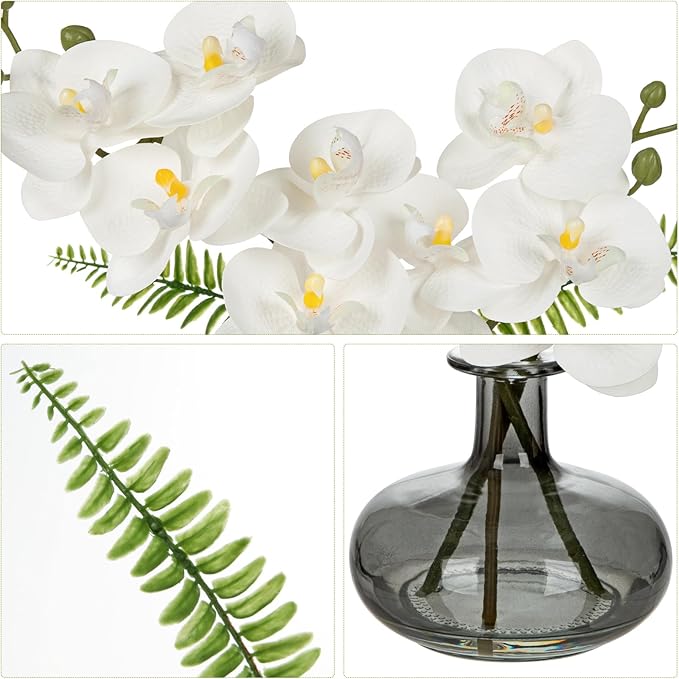 White Orchids Artificial Flowers with Vase, Small Faux Orchid Arrangement Fake Flower in Woven Glass Vase Black and White Decor Small White Centerpieces for Kitchen Dining Room Tables Bathroom Decor
