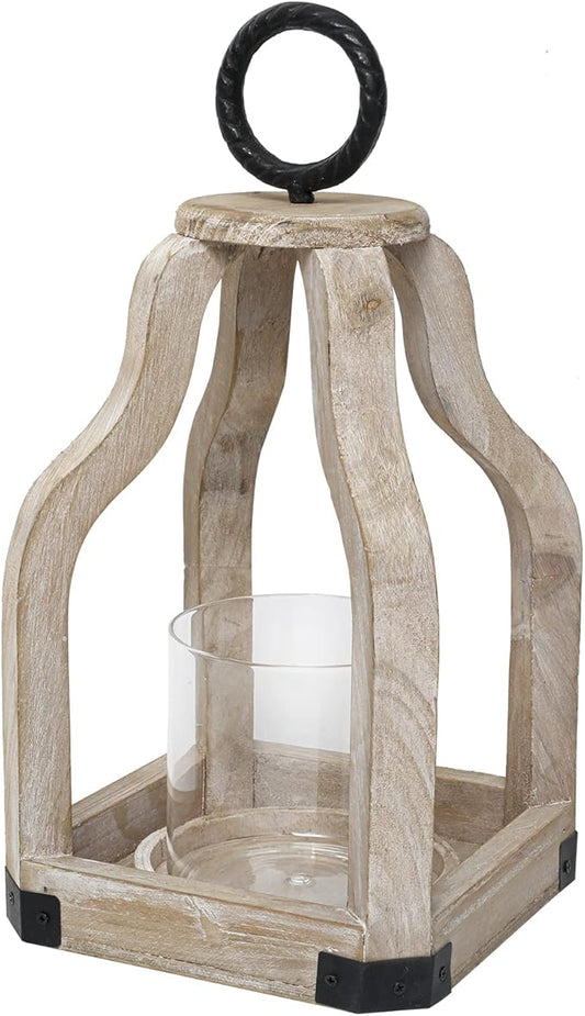 SWALLOWLIVING 13" Rustic Farmhouse Wood Candle Hurricane Lantern with Glass Candlestick Holder for Patio, Table Centerpiece, White Washed