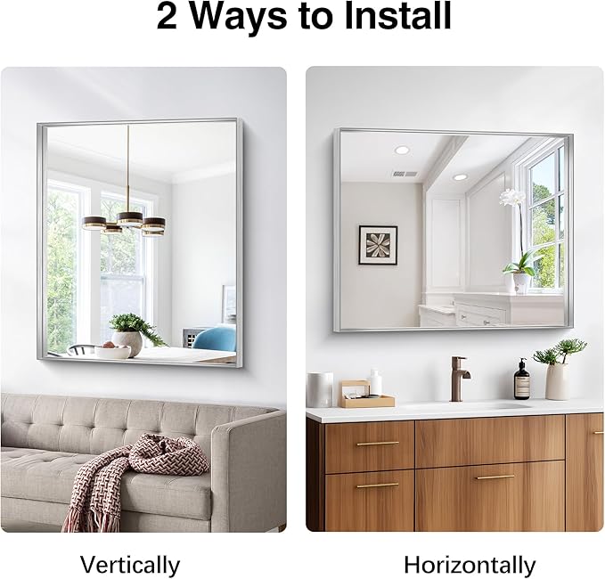 Silver Bathroom Mirror, 30x36 Inch Rectangular Framed Mirror, Large Wall Mounted Bathroom Vanity Mirror Over Sink for Bedroom,Restroom, Living Room, Hangs Vertically or Horizontally