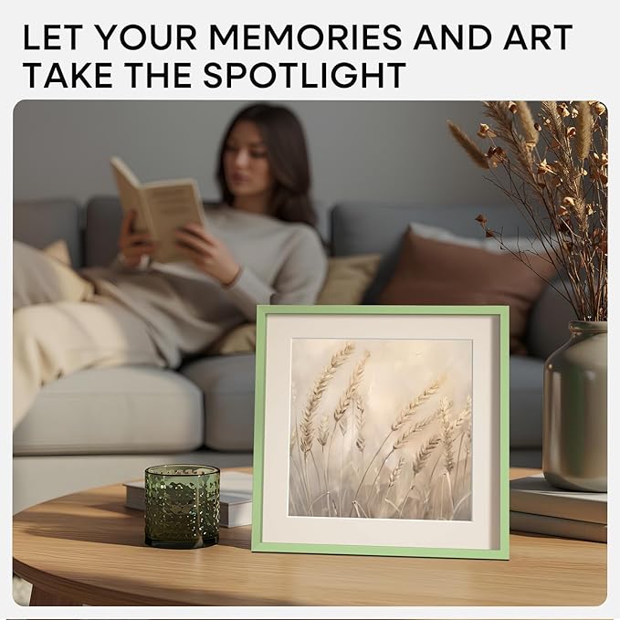 Homeforia 8x8 Sage Green Frame, High End Metal 8 x 8 Square Picture Frames with Mat 6 by 6 Photo, 8x8 Display Frame Matted to 6x6 Print, 8by8 Wall or Tabletop Frames, Tempered Glass, Wall Kit, Set of 1