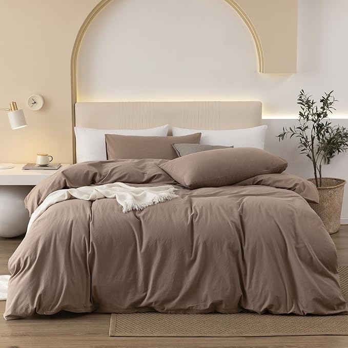 JIYUAN 100% Washed Cotton Duvet Cover Set 3 Pieces Full, 1 Duvet Cover 80x90 Inches(Comforter Not Included) and 2 Pillowcases,Linen Feel Bedding Set Comfy and Breathable,Light Brown
