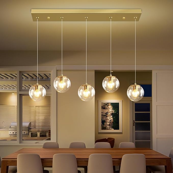 5-Lights Modern Rectangle Chandelier Globe Pendant Light,Gold Linear Globe Chandeliers for Dining Room and Kitchen Island