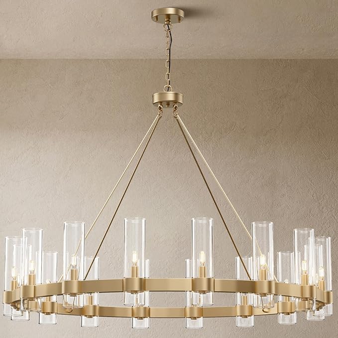 48 Inch Gold Chandelier, Wagon Wheel Chandelier with Glass Shade, 16-Lights Large Round Modern Farmhouse High Ceiling Pendant Lighting Fixture for Dining Room, Living Room, Kitchen, Foyer