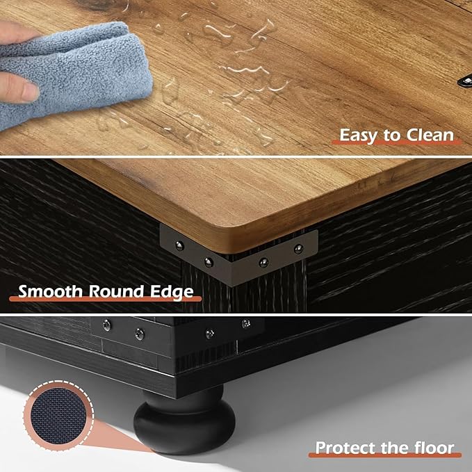 Farmhouse Coffee Table with Storage, Black Lift Coffee Tables for Living Room, Square Coffee Table with Wood Gourd Feet and Hydraulic Gas Rod, Black