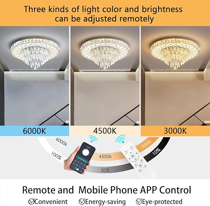 Modern Chandelier Crystal LED Ceiling Chandeliers Light for Bedroom Dining Room with 30W Dimmable Bulbs Gold Lights Fixture