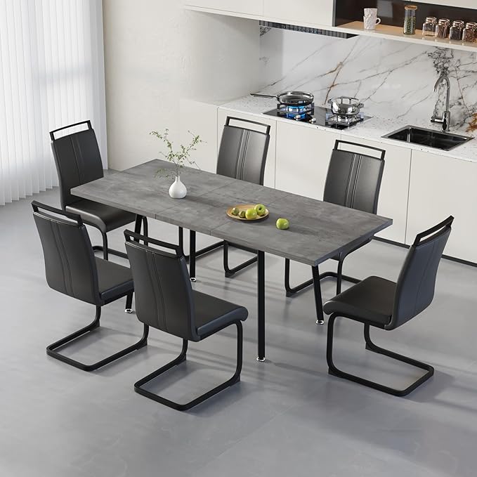 7 Piece Dining Table Set for 6-8,55-71" Extendable Dining Table Set with 6 Upholstered Chairs,Rectangle Kitchen Table Set for Small Space,Dining Room and Office,Grey