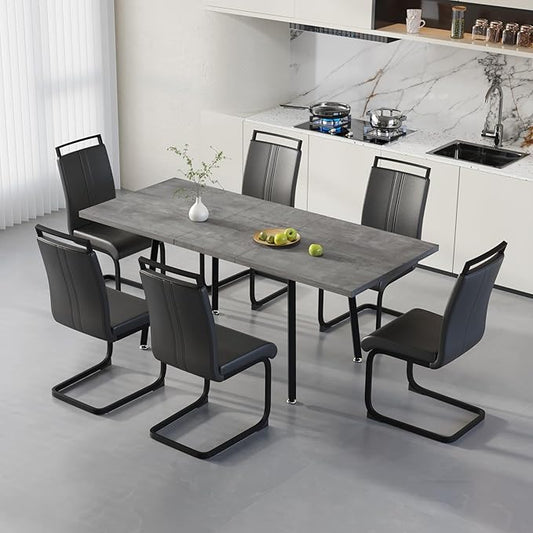 7 Piece Dining Table Set for 6-8,55-71" Extendable Dining Table Set with 6 Upholstered Chairs,Rectangle Kitchen Table Set for Small Space,Dining Room and Office,Grey