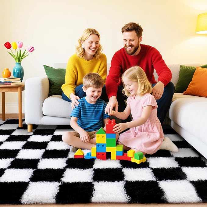Black and White Checkered Rugs for Bedroom, Ultra Fluffy Fuzzy Shag Area Rug for Living Room 5x7, Modern Plush Soft Upgrade Non-Slip Carpet for Kids Girls and Boys Room Dorm Nursery Home Decor
