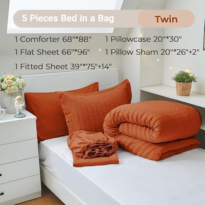MUXHOMO 5 Pieces Twin Comforter Set, Seersucker Bed in a Bag Twin Size, All Season Luxury Bedding Set with Comforter, Flat Sheet, Fitted Sheet, Pillowcase & Sham, Burnt Orange