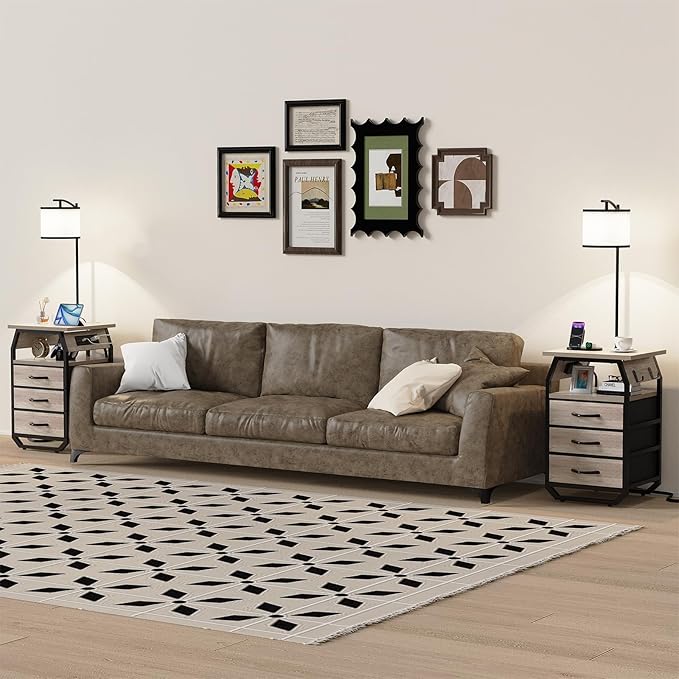 Floor Lamp with Table Set of 2, End Tables with Lamps Attached 3-Color Temperature Bulb, Side Table with Lamp with 3 Drawers & Charging, Lamps Tables Combo for Bedroom, Dorm Apartment - Greige