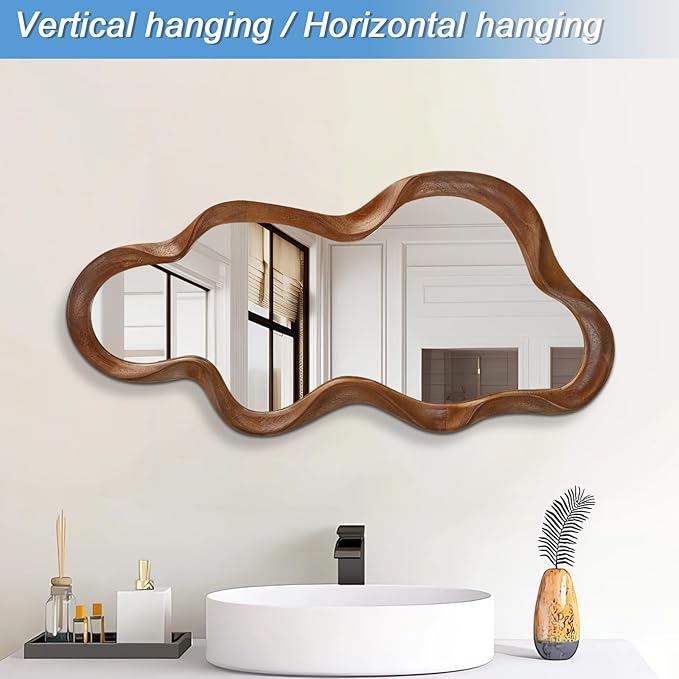 Irregular Wood Frame Mirror Asymmetrical Mirrors for Wall Unique Cloud Modern Living Room Bedroom Vanity Entryway Hallway Decorative Artistic Cute and Stylish Wall Mirror Large 36"x20"