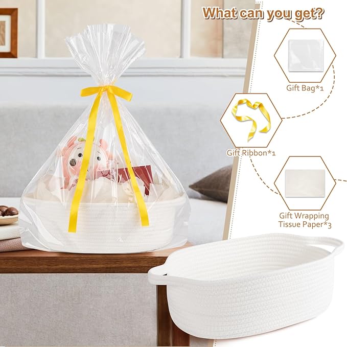 OIAHOMY Gift Basket Empty with Handle, 13.4"x 10"x 5.5" Small Woven Basket with Gift Bag, Ribbon and Wrap Tissue Paper, Dog Toy Storage for Organizing - White