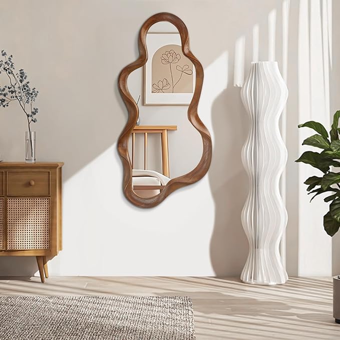 Irregular Wood Frame Mirror Asymmetrical Mirrors for Wall Unique Cloud Modern Living Room Bedroom Vanity Entryway Hallway Decorative Artistic Cute and Stylish Wall Mirror Large 36"x20"