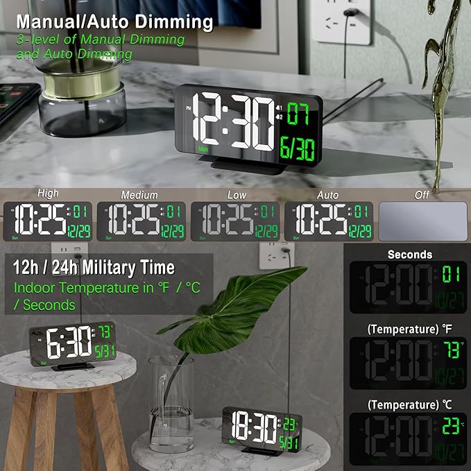 KOSUMOSU Desk Clock 6.7in Black Digital Alarm Clock with Dual Alarm, Dimming, Date, Day of Week, Temp, 12h 24h, Digital LED Clock for Table Decor, Digital Calendar Mirror Clocks Essentials