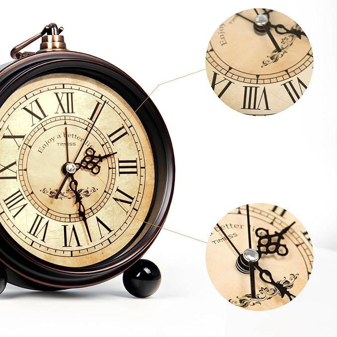 Vintage Analog Alarm Clock, 6.1" Silent Non-Ticking Quartz Desk Clock with Roman Numerals, Battery Operated Table Clock for Bedroom, Living Room, Office, or Gift (White)