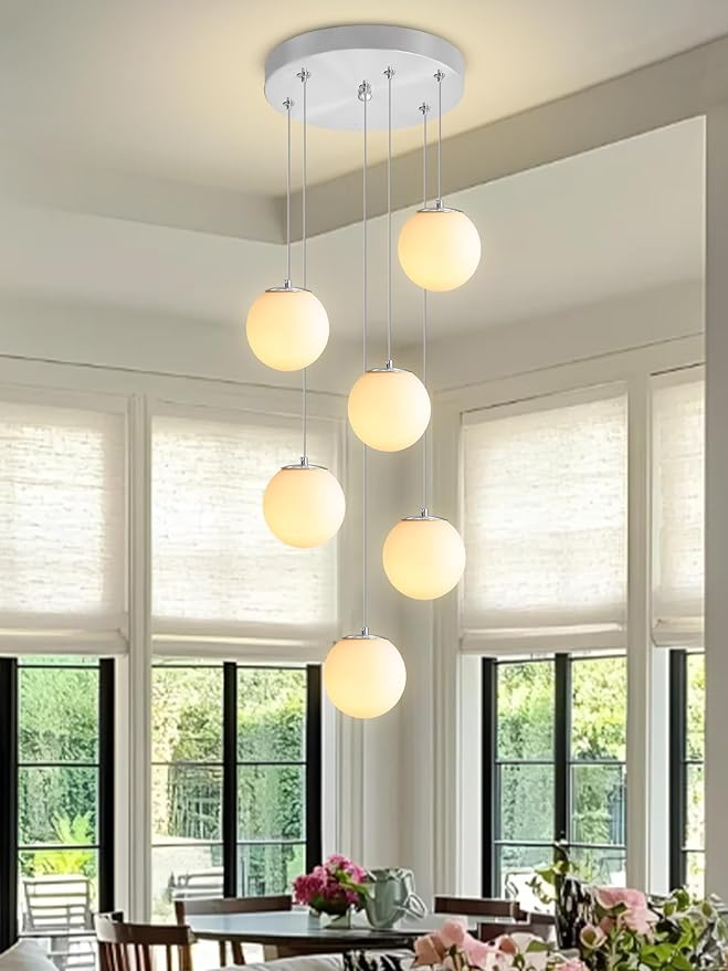 H 87in Globe Pendant Light 6-Lights Modern Hanging Chandelier for Kitchen Island Silver Globe Chandelier Milk White Glass Pendant Lighting for Living Room Bedroom Entryway