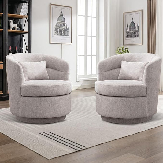CANMOV Swivel Accent Chair Set of 2, 360 Degree Round Swivel Barrel Chair with Pillow, Upholstered Comfy Barrel Armchair Single Club Sofa Chair for Living Room,Bedroom, Reading Room, (Grey*2)