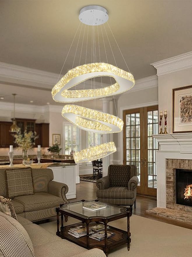 Modern Led Chandelier Adjustable 3 Rings Crystal Chandelier for Living Room Foyer Stairwell Lighting High Ceiling Light Dimmable 2700K-6000K
