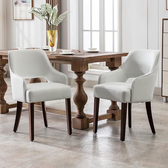 Farmhouse Dining Chairs Set of 2 PU Leather Upholstered Accent Side Chair Wood Kitchen Chairs for Living Room/Dining Room/Bedroom/Restaurant, Upgraded Size, White