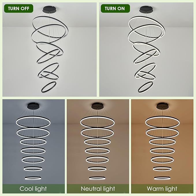 7 Rings Modern LED Chandelier Black Dimmable Large Foyer Chandeliers Entryway High Ceiling for Staircase, High Ceiling Pendant Lights for Entryway Living Room, 3000K-6500K CCT