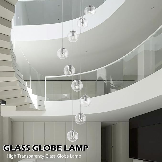 KoKo&Yukina 9-Light Globe Glass Pendant Light Adjustable Length Pendant Lights Fixtures Modern Nickel Clear Globe Glass Chandelier High Ceiling Lights Fixtures for Staircase (Bulb & Remote Incl.)