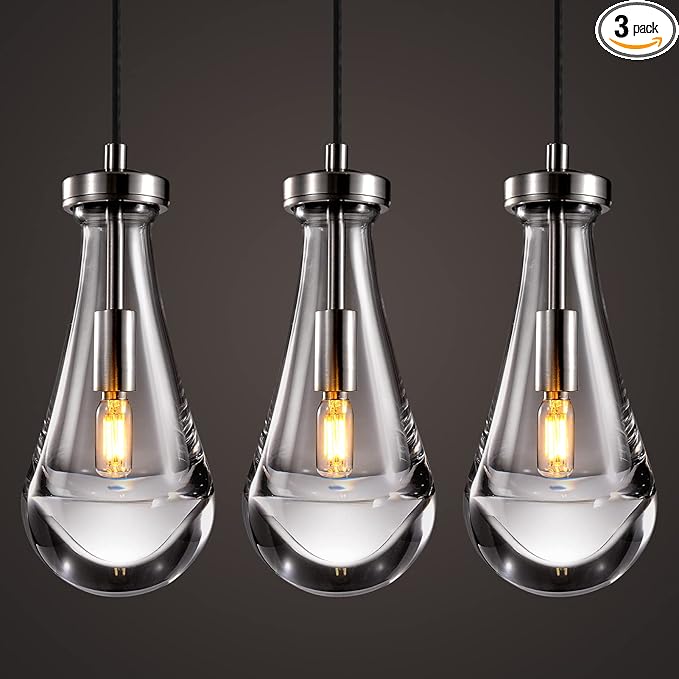 Raindrop Pendant Lights Set of 3, Modern Pendant Lights Kitchen Island 3 Pack, Brushed Nickel Island Light, Pendant Light for Bedroom Bathroom, Chandelier for Living Room Hallway