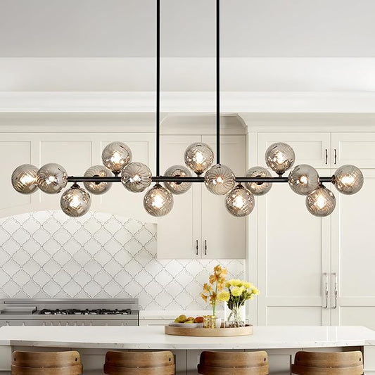 Dining Room Light Fixture 16-Light Farmhouse Chandeliers for Dining Room Large Chandelier Linear Sputnik Chandelier Smoke Gray Swirled Globe Glass Bubble Black Modern Pendant Lights Kitchen Island