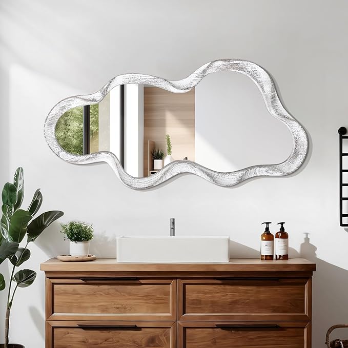 Irregular Wood Frame Mirror Asymmetrical Mirrors for Wall Unique Cloud Modern Living Room Bedroom Vanity Entryway Hallway Decorative Artistic Cute and Stylish Wall Mirror Large