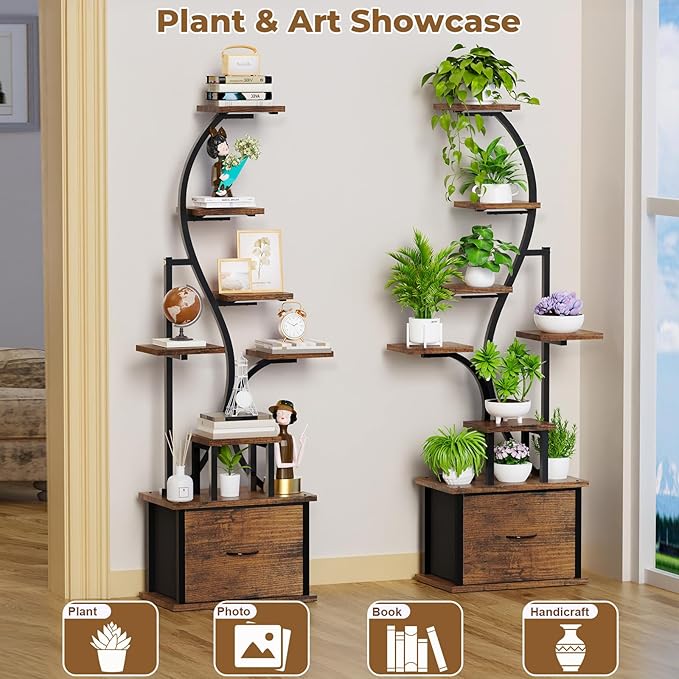 Plant Stand Indoor with Grow Lights - 8 Tiered Lighted Plant Shelf Indoor with Drawer, 65" Large Plant Stand for Indoor Plants Multiple, Metal Tall Plant Flower Holder for Home, Living Room, Patio