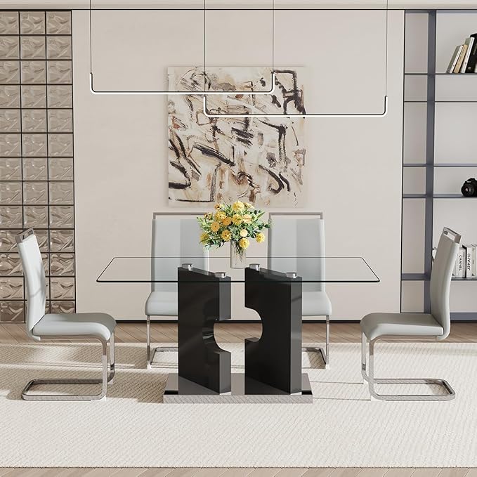 Glass Dining Room Table Set for 4,Dining Table Set for 4 with PU Leather Chairs,Retangular Dining Table with MDF Table Legs and Sliver Base for Dining Room