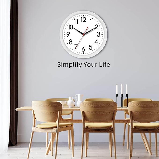 AKCISOT Wall Clock Silent Non Ticking Modern Wall Clocks Battery Operated 10 Inch, Analog Small Classic Clock Decorative for Bedroom, Kitchen, Home Office, Bathroom, School, Living Room (White)