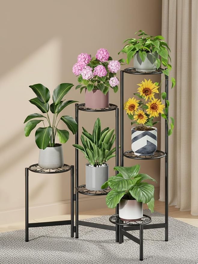 6 Tier Large Plant Stand Indoor with 7.9-Inch Wide Drainage Tray, Tiered Corner Metal Outdoor Flower Display Holder Shelf, Folding Tall Rack for House Patio Porch Balcony Graden - BlackS