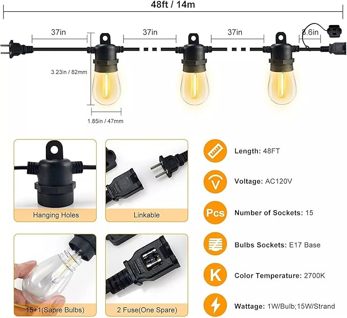 S14 LED Outdoor String Lights with Remote Control 48FT with Edison Vintage Shatterproof Bulbs and Weatherproof Lights for Balcony, Patio, Porch, Backyard (48FT 15LED w/Remote)