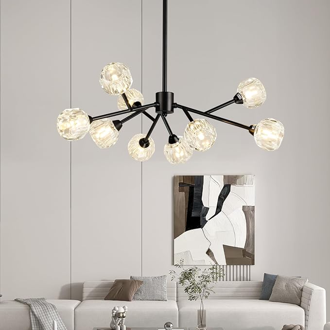Sputnik Chandeliers for Dining Room Light Fixture Over Table, Modern Crystal Chandeliers, 9 Lights Black Lighting Fixtures for Living Room Bedroom Kitchen Island Bar