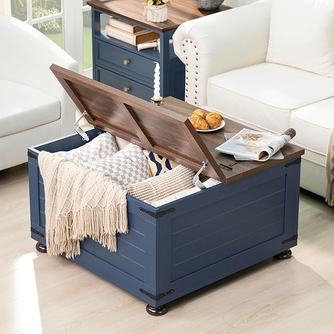 Farmhouse Coffee Table with Hidden Storage, 59 Gallon Square Center Table for Living Room, Rustic Wood Cocktail Tables with Flip-Top Lids, Farm House Tables with Wooden Gourd Feet, Navy Blue