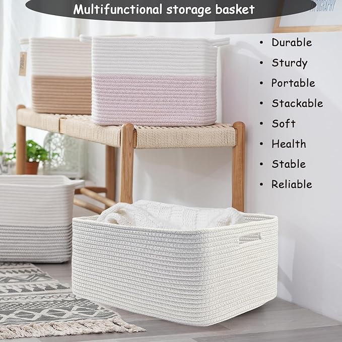 COMFY-HOMI 2 pcs Large Storage Baskets for Shelves, Laundry Basket, Woven Rope Basket, Closet Organizer Bins for Clothes Blanket Towels, Baby Nursery, Gift Toy Baskets, 17” x 13” x 7.5”-White