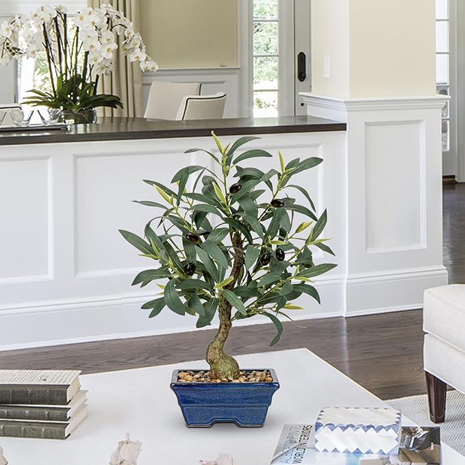 Briful Small Olive Trees Artificial Decor 18'' Fake Olive Plant with Blue Bonsai Pot Decorative Olive Tree for Home Office Countertop Kitchen Table Farmhouse Decor