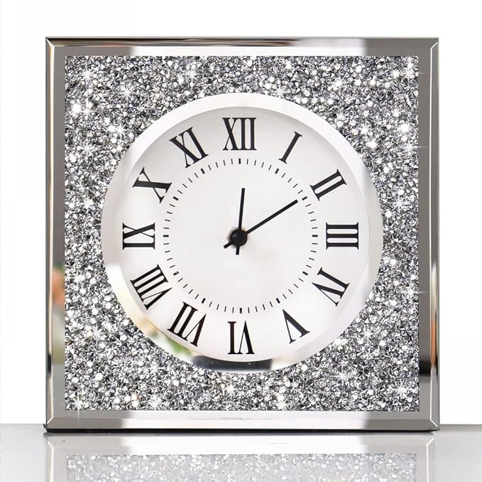 Desk Clock Wall Clock 8x8x2Inch Crushed Diamond Mirrored Clock Table Top Decorative Clock for Home Decoration. AA Battery not Included
