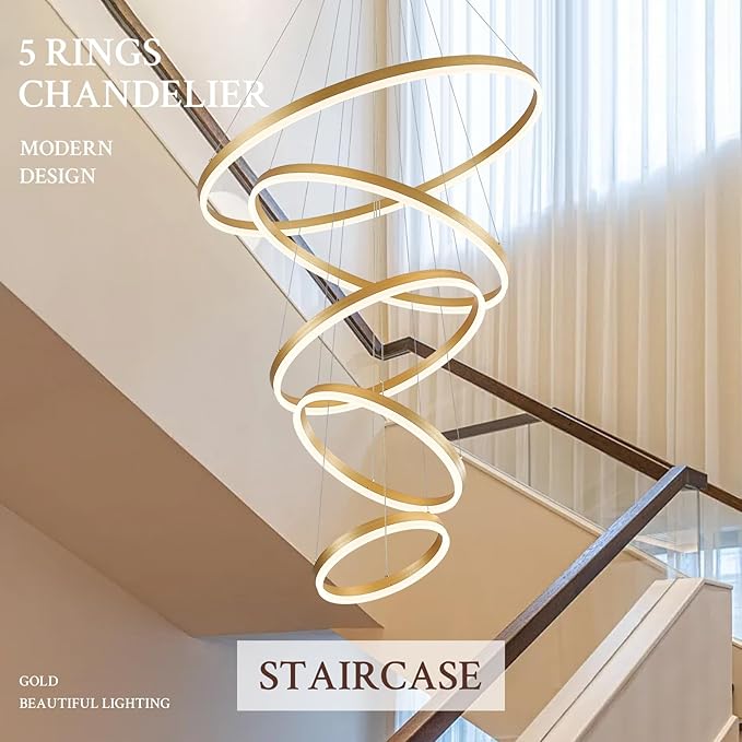 5-Rings D31.5’’ Modern LED Chandelier Gold Dimmable High Ceiling Chandeliers Foyer with Remote Control for Entryway Living Room Dining Room Staircase, 3000K-6500K