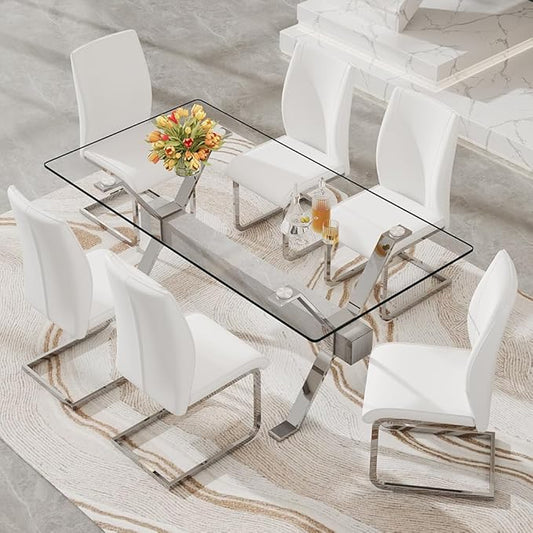 71'' Glass Dining Table Set for 6,7 Piece Dining Table Set with Tempered Glass Tabletop and Open‑Frame X‑Shaped Metal Base,Kitchen Table and Chairs Ideal for Dining Room&Home Office