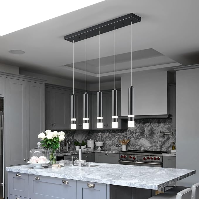 5-Light Dining Room Modern Pendant Light Kitchen Fixture Dimmable LED Black Mini Pendant Lighting fo Kitchen Island Study Pendant Lights